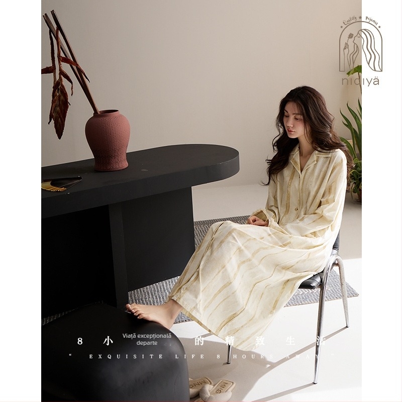 Rochie-pijama din bumbac pentru femei, cardigan stil, mâneci lungi, guler rever, croială lejeră, respirabilă pentru primăvară și toamnă