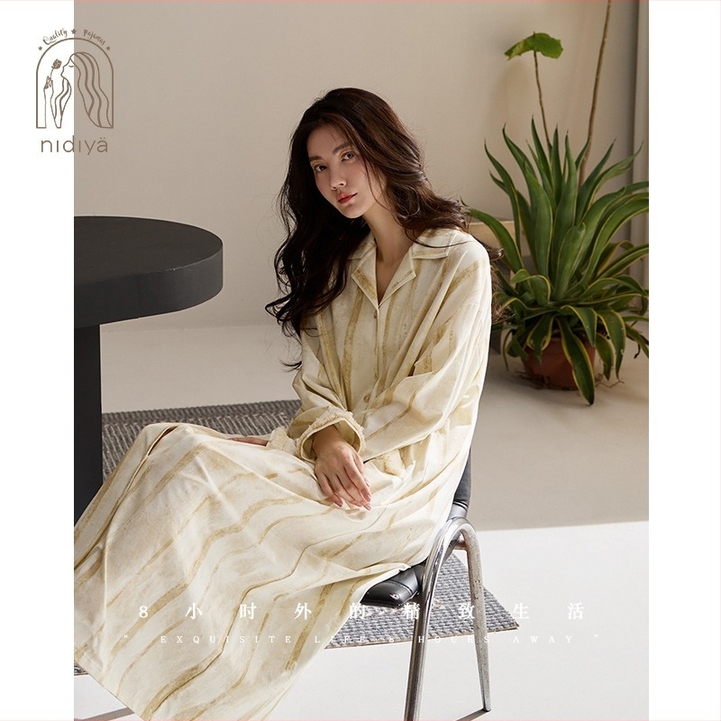 Rochie-pijama din bumbac pentru femei, cardigan stil, mâneci lungi, guler rever, croială lejeră, respirabilă pentru primăvară și toamnă