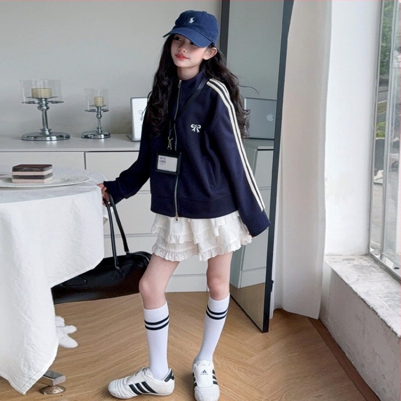 Jachetă pentru fetițe, toamna 2025, stil coreean, jachetă baseball cu mâneci lungi, lungime scurtă, 80% bumbac cu căptușeală din bumbac, pentru copii 8+ ani (peste 140 cm)