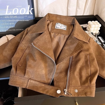 Jachetă din PU pentru copii, stil coreean pentru fete, guler în V, lungime scurtă, închidere cu nasturi, căptușeală 100% poliester