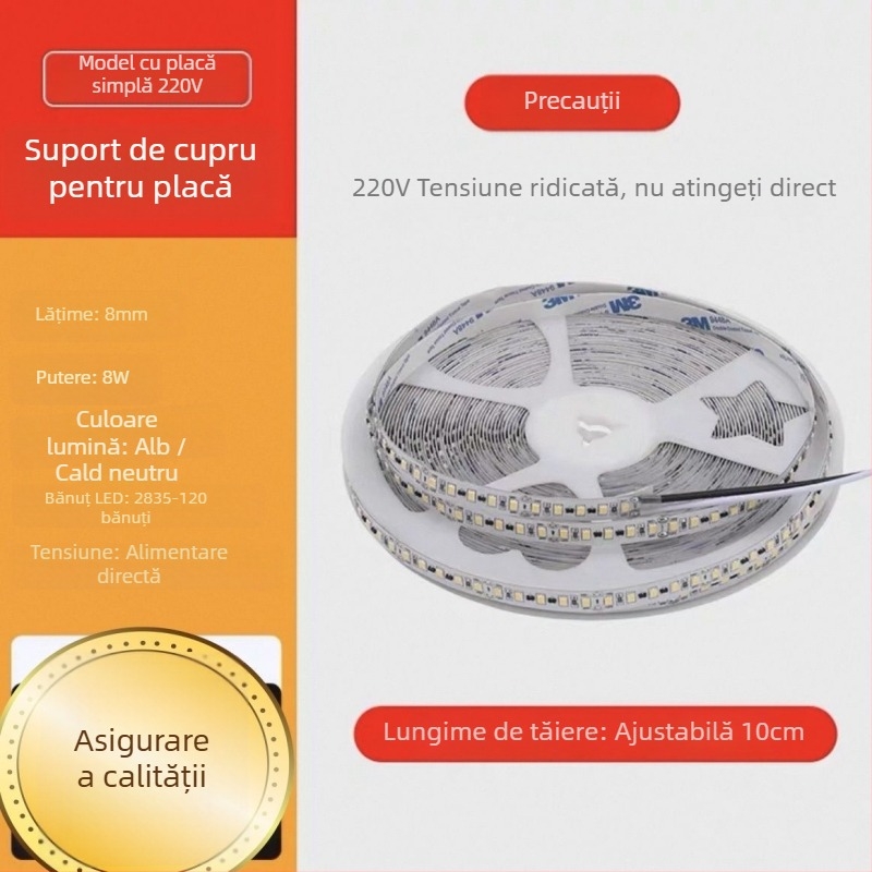 Bandă LED monocromă 220V – lumină liniară încorporată pentru vitrine, bandă decorativă autoadezivă, 10–15W, cip LED Xing jian, CRI 60–79