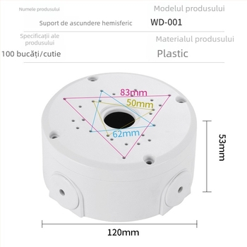 Suport plastic pentru cameră, semi-sferic, cu cutie pentru cabluri, montaj pe plafon