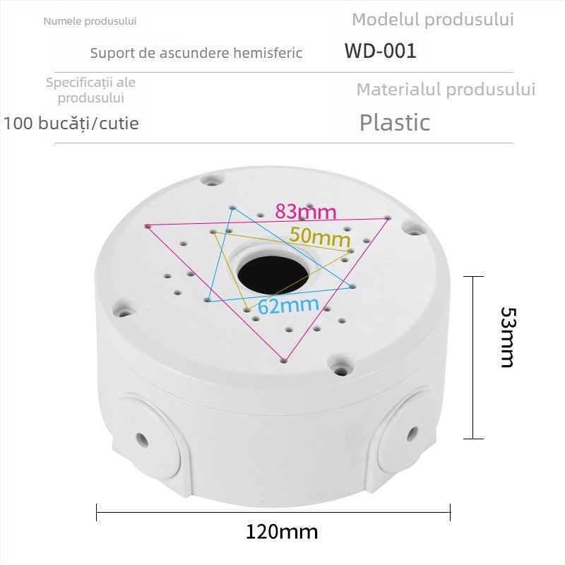 Suport plastic pentru cameră, semi-sferic, cu cutie pentru cabluri, montaj pe plafon