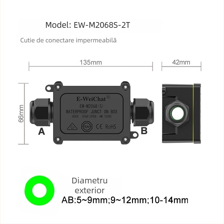 E-WeiChat cutie de jonctiune pentru cabluri IP68 - din plastic, 1 intrare / 1 ieșire, pentru iluminat exterior (Cod Ew-2068s25730)