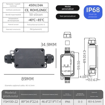Cutie de conexiuni pentru exterior, etanșă, cu terminal, mini tip, 1 intrare și 1 ieșire, IP66