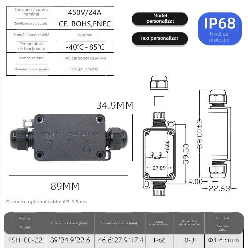 Cutie de conexiuni pentru exterior, etanșă, cu terminal, mini tip, 1 intrare și 1 ieșire, IP66