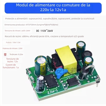 Modul AC-DC de coborâre, sursă de alimentare cu comutare izolată, intrare 220V, ieșire 12VDC 1A, 12W