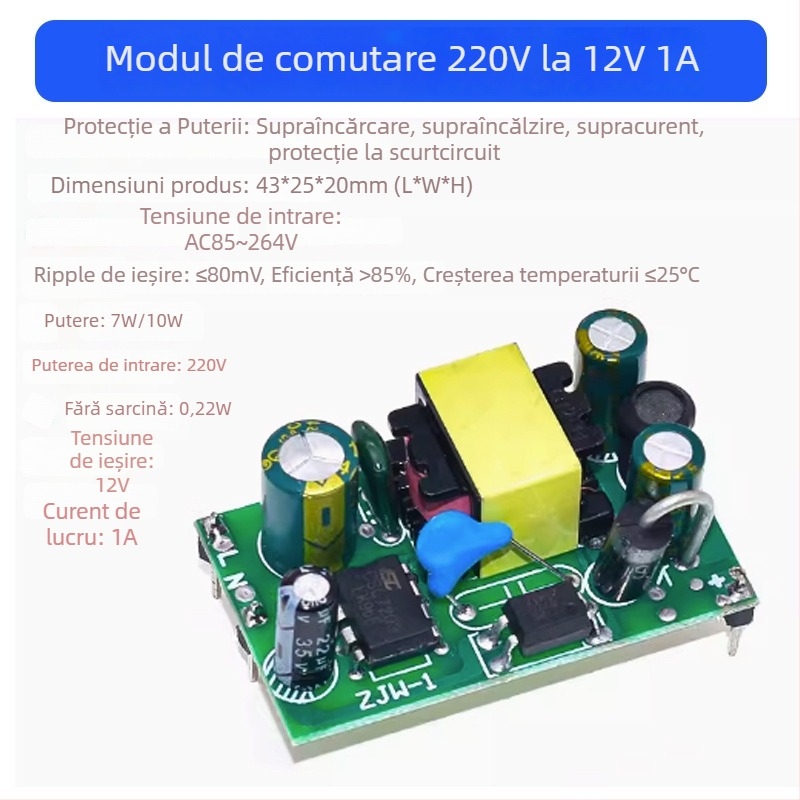 Modul AC-DC de coborâre, sursă de alimentare cu comutare izolată, intrare 220V, ieșire 12VDC 1A, 12W