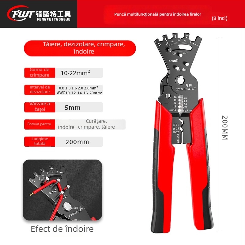 Clește pentru dezizolarea și sertizarea cablurilor pentru electrician, cu mecanism de economisire a efortului, oțel crom-vanadiu, 0,3 kg, Feng Weite