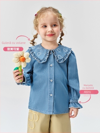 Bluza din bumbac pentru fetițe, mâneci lungi - guler rotund, material moale, pentru copii 3–8 ani