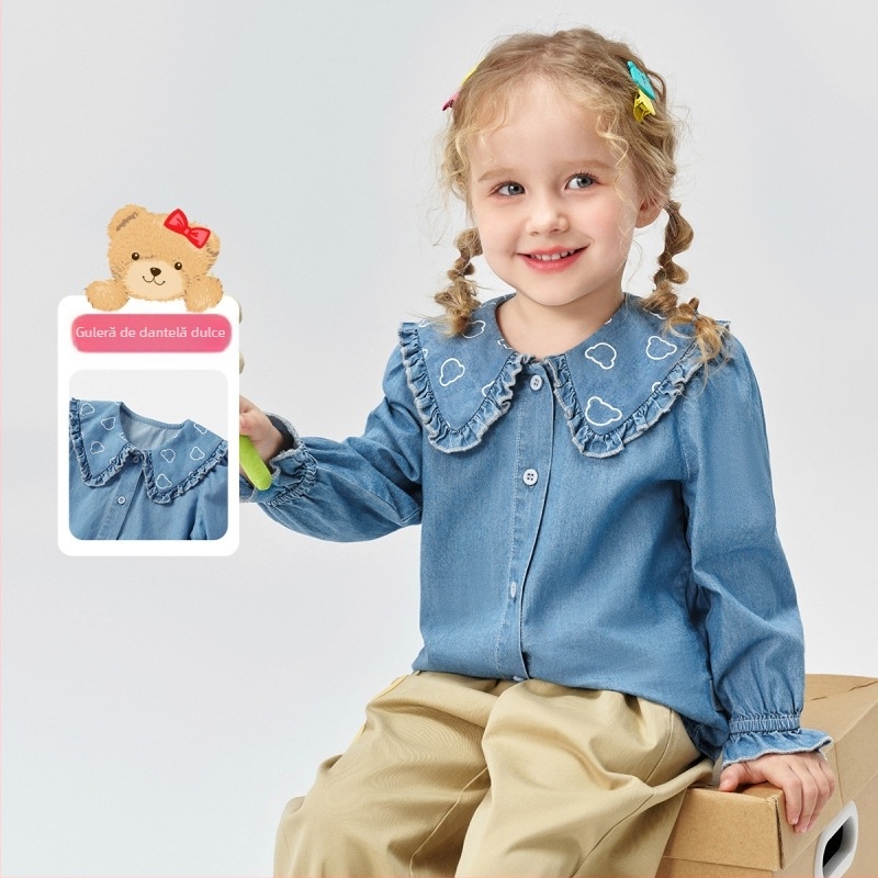 Bluza din bumbac pentru fetițe, mâneci lungi - guler rotund, material moale, pentru copii 3–8 ani