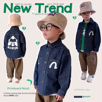 Jachetă-cămașă din denim pentru băieți - 99% bumbac, mâneci lungi, guler rever, culoare solidă, primăvară și toamnă