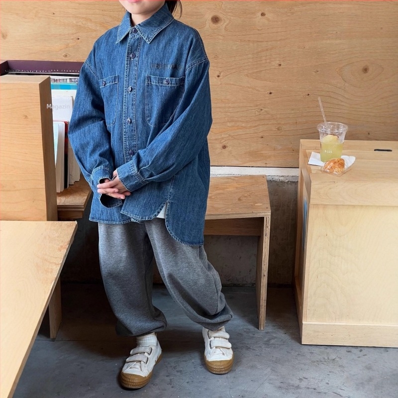 Cămașă denim pentru copii, 95% bumbac, mânecă lungă, unisex, toamnă 2025, cu litere