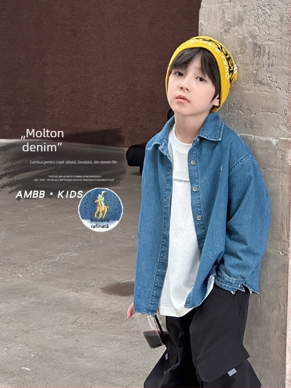Bluza din denim pentru copii cu broderie, spălat prin nisip, denim Cowboy, 91,8% bumbac / 4,1% poliester / 4,1% fibră de celuloză regenerată, unisex, toamnă 2025, închidere cu nasture unic, stil coreean