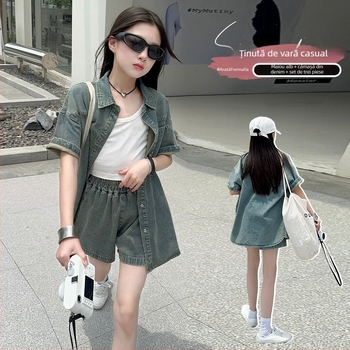 Set din două piese din denim pentru fete: cămașă din denim și șort, distressed, ușor, mâneci scurte, vară, pentru fete peste 8 ani (peste 140 cm)