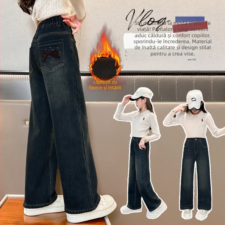 Pantaloni din denim cu fleece pentru fete, iarnă 2025, talie înaltă cu elastic, croială dreaptă, picioare largi
