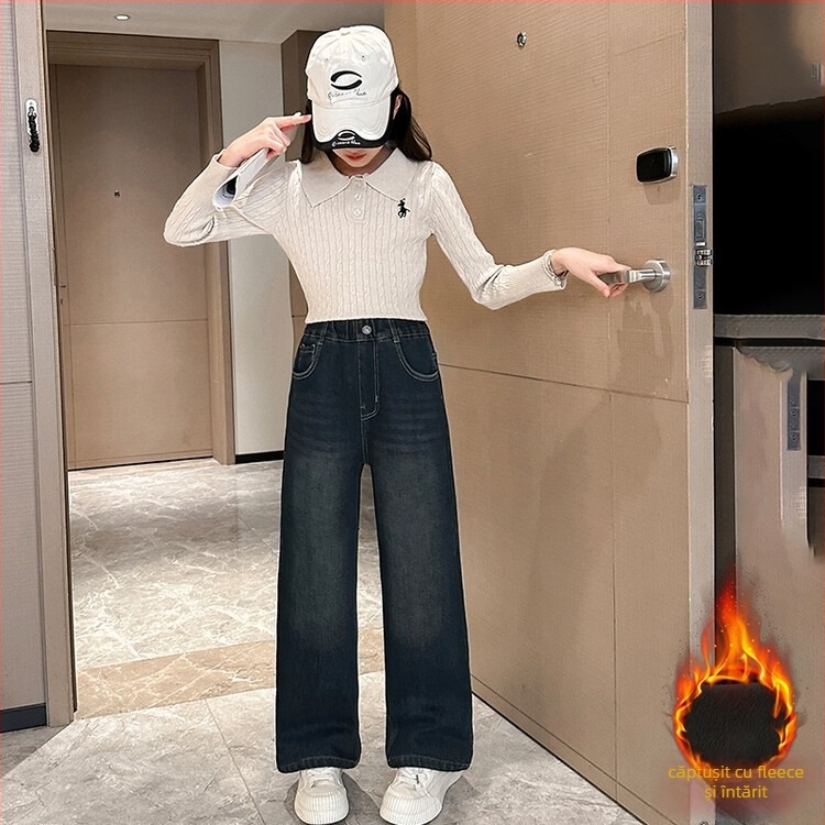 Pantaloni din denim cu fleece pentru fete, iarnă 2025, talie înaltă cu elastic, croială dreaptă, picioare largi