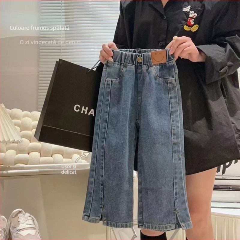 Pantaloni din denim pentru fete, stil coreean, croială largă cu deschidere, talie medie, curea din cauciuc, țesătură moale
