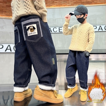 Pantaloni copii cu fleece, stil coreean, toamnă-iarnă, 3–8 ani, talie medie cu elastic, imprimeu cu litere