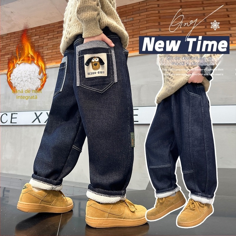 Pantaloni copii cu fleece, stil coreean, toamnă-iarnă, 3–8 ani, talie medie cu elastic, imprimeu cu litere