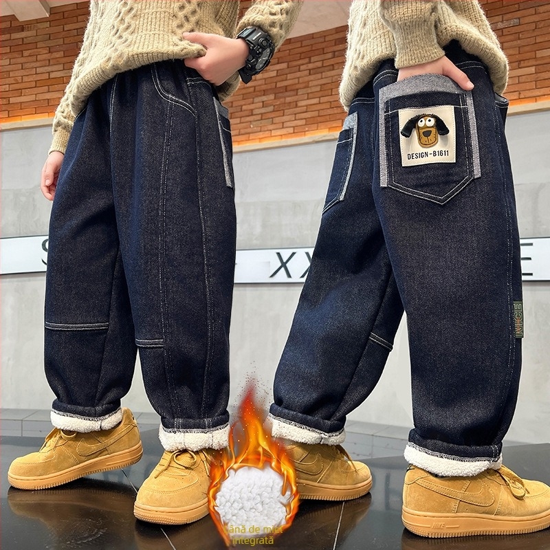 Pantaloni copii cu fleece, stil coreean, toamnă-iarnă, 3–8 ani, talie medie cu elastic, imprimeu cu litere