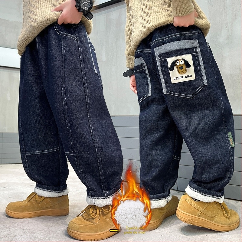 Pantaloni copii cu fleece, stil coreean, toamnă-iarnă, 3–8 ani, talie medie cu elastic, imprimeu cu litere