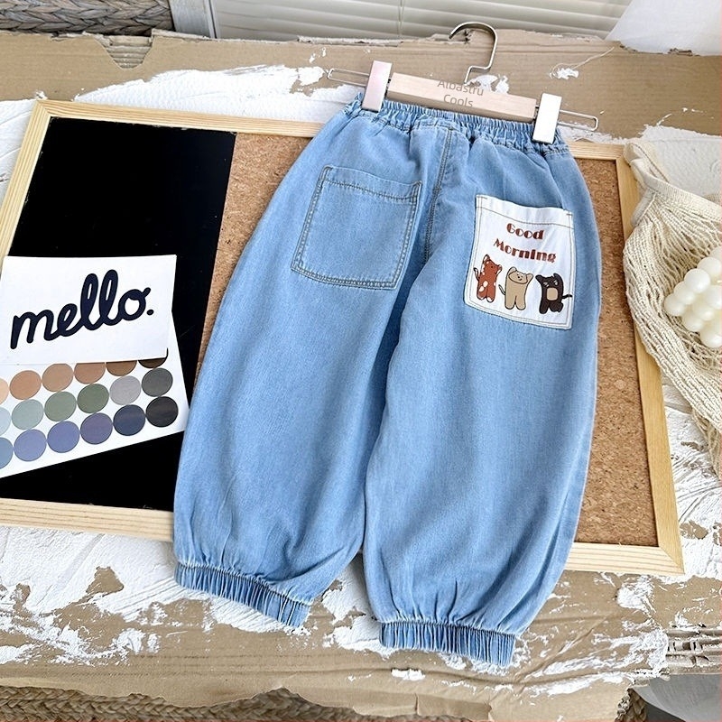Pantaloni pentru copii, stil hip-hop, material denim-bumbac, talie înaltă, lungime crop