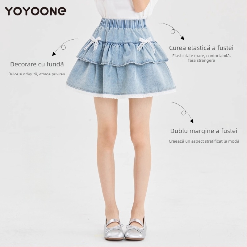 Fustă din denim pentru fete, design cu insertii (splice), amestec denim/bumbac, căptușeală de bumbac, 8+ ani