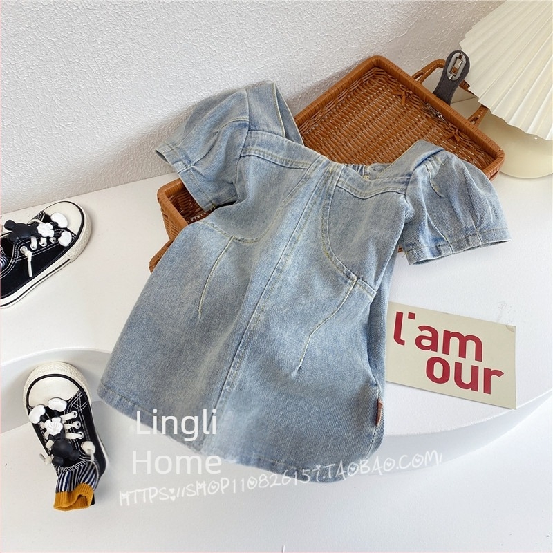 Rochie din denim pentru fetițe, mâneci scurte, stil coreean, croială A-line, 60% bumbac, vârsta 3–8 ani