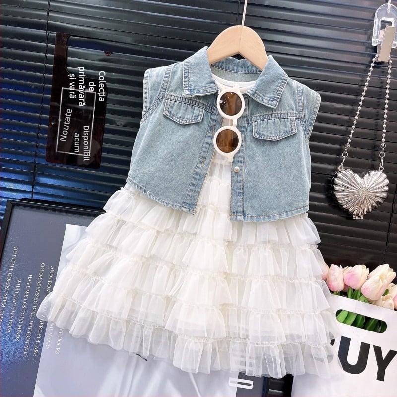 Set din două piese pentru fete: top din denim fără mâneci + fustă cu plasă, vară 2025, pentru copii 3–8 ani, amestec poliester 50%, țesătură cu tratare moale