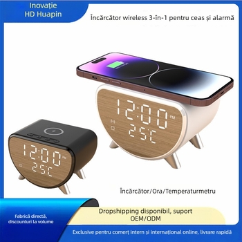 Încărcător wireless 3 în 1 cu ceas de birou și termometru, 15W încărcare rapidă, 2A ieșire, 18W putere totală pentru iPhone