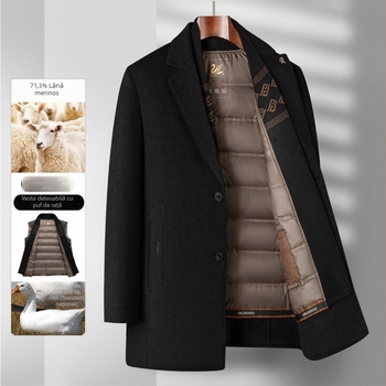 Palton reversibil din lână, lungime medie, pentru bărbați de vârstă mijlocie, palton business luxos și cald, cu căptușeală detașabilă din puf