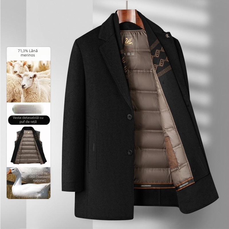 Palton reversibil din lână, lungime medie, pentru bărbați de vârstă mijlocie, palton business luxos și cald, cu căptușeală detașabilă din puf