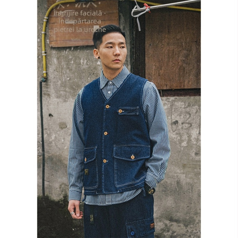 Vestă din denim vintage slim, model cu dungi, fără guler, închidere cu nasturi, căptușeală din bumbac, buzunare cu panouri tridimensionale, vestă de lucru tactică pentru bărbați