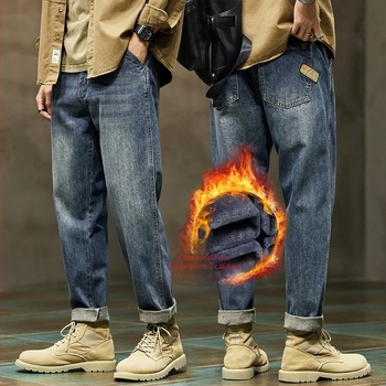 Blugi bărbați cu fleece, croială lejeră, talie medie, iarnă 2025