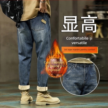 Blugi bărbați cu fleece, croială lejeră, talie medie, iarnă 2025