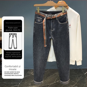 Jeansi bărbați cu căptușeală fleece, croială conică, de iarnă, broderie, închidere cu fermoar