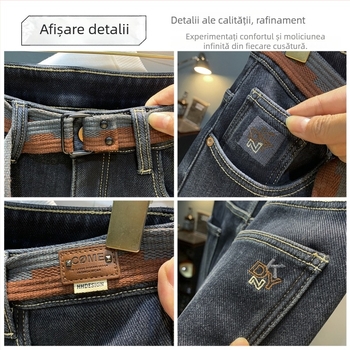 Jeansi bărbați cu căptușeală fleece, croială conică, de iarnă, broderie, închidere cu fermoar