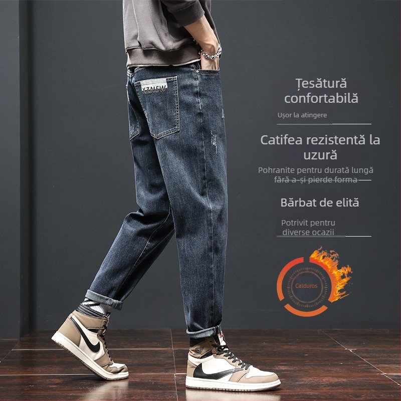 Jeansi bărbați cu căptușeală fleece, croială dreaptă lejeră, talie medie, fermoar, ultra-elastici, spălare piatră, toamnă 2025