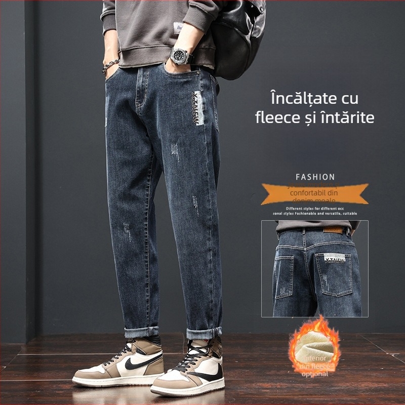 Jeansi bărbați cu căptușeală fleece, croială dreaptă lejeră, talie medie, fermoar, ultra-elastici, spălare piatră, toamnă 2025
