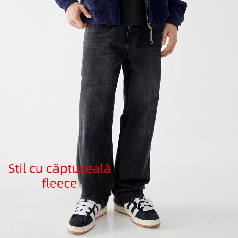 Jeansi pentru bărbați, drepti, talie medie, denim din bumbac 94,3%, spălați și distressed, fermoar