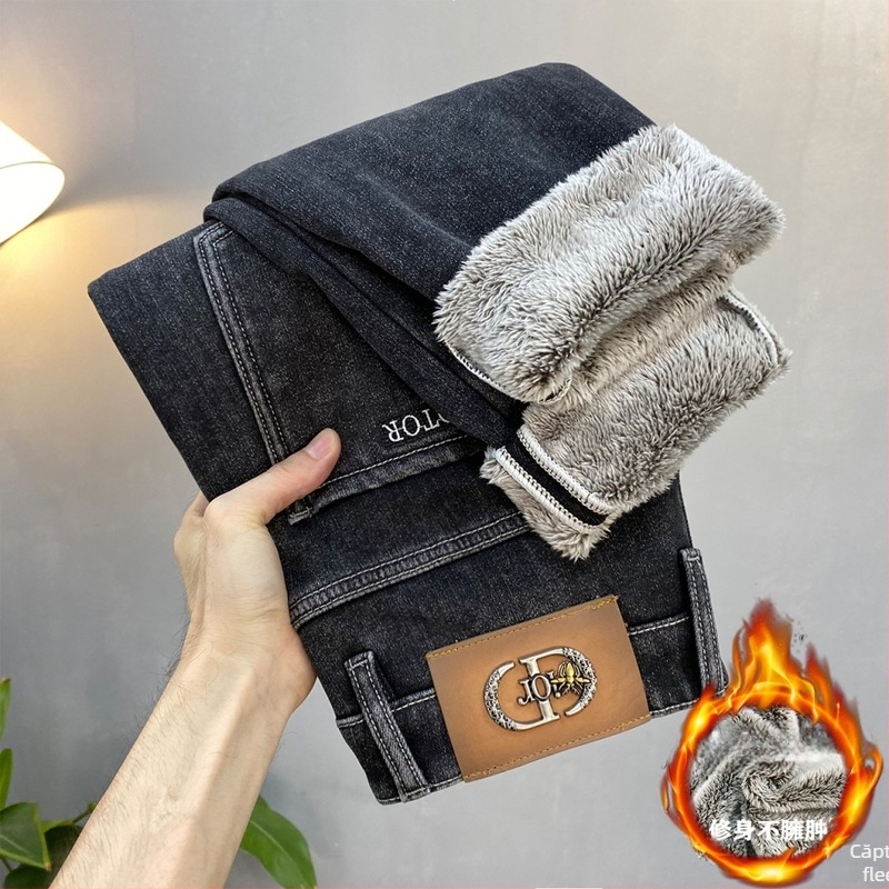 Blugi bărbați cu căptușeală de fleece, croială conică, talie medie, fermoar, bumbac