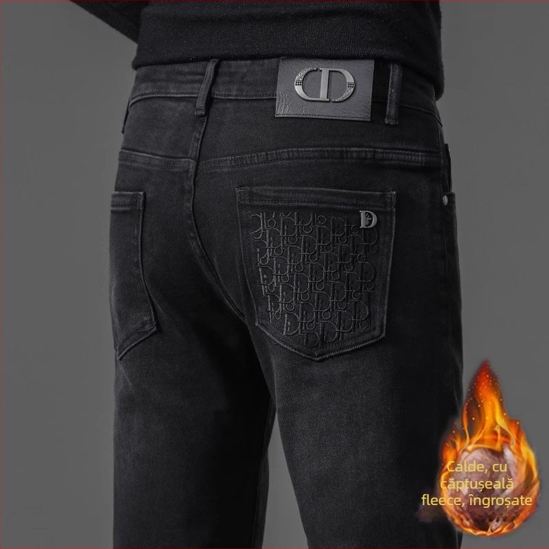 Jeansi pentru bărbați cu căptușeală de fleece, broderie, croială dreaptă, micro-elastic, fermoar, iarnă