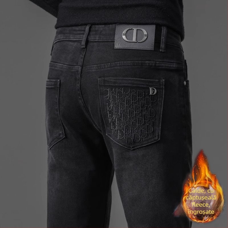 Jeansi pentru bărbați cu căptușeală de fleece, broderie, croială dreaptă, micro-elastic, fermoar, iarnă