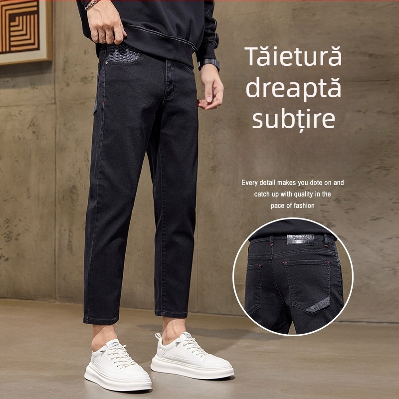 Blugi bărbați cu croială dreaptă, talie medie, lungime 9/10, bumbac, fermoar, detalii jacquard, căptușeală fleece, potriviți pentru toamnă