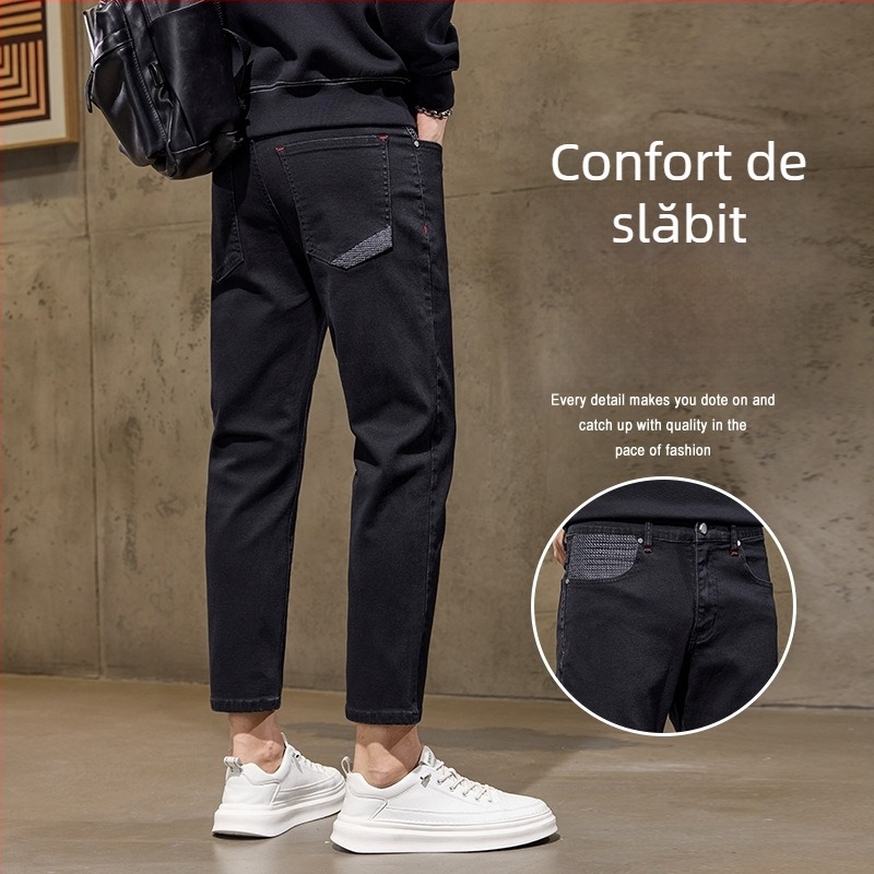 Blugi bărbați cu croială dreaptă, talie medie, lungime 9/10, bumbac, fermoar, detalii jacquard, căptușeală fleece, potriviți pentru toamnă