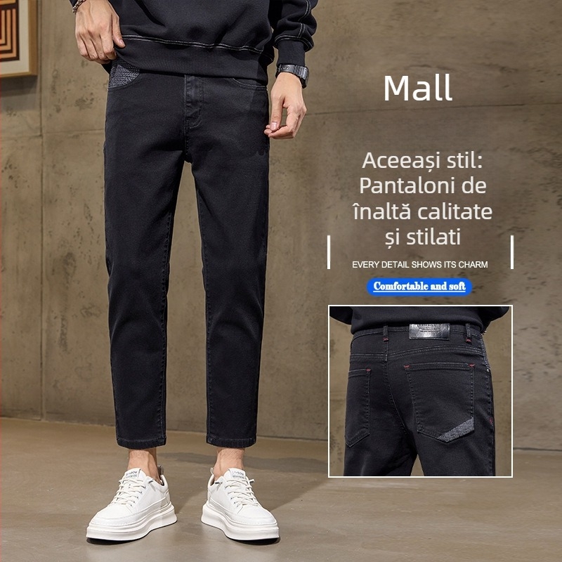 Blugi bărbați cu croială dreaptă, talie medie, lungime 9/10, bumbac, fermoar, detalii jacquard, căptușeală fleece, potriviți pentru toamnă