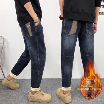 Blugi bărbați cu căptușeală fleece, talie medie, croială lejeră, micro-elastic, gambă mică dreaptă