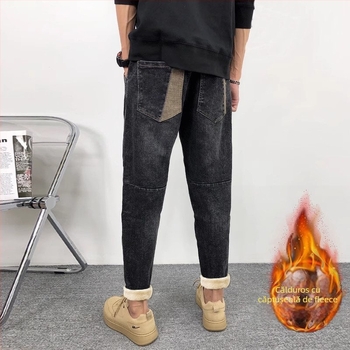 Blugi bărbați cu căptușeală fleece, talie medie, croială lejeră, micro-elastic, gambă mică dreaptă