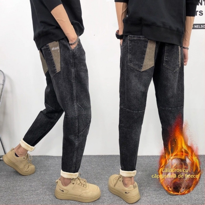 Blugi bărbați cu căptușeală fleece, talie medie, croială lejeră, micro-elastic, gambă mică dreaptă